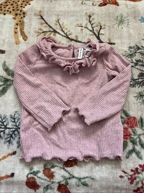 Janie and Jack Dusty Pink Ribbed Long-Sleeve Top with Ruffle Neck